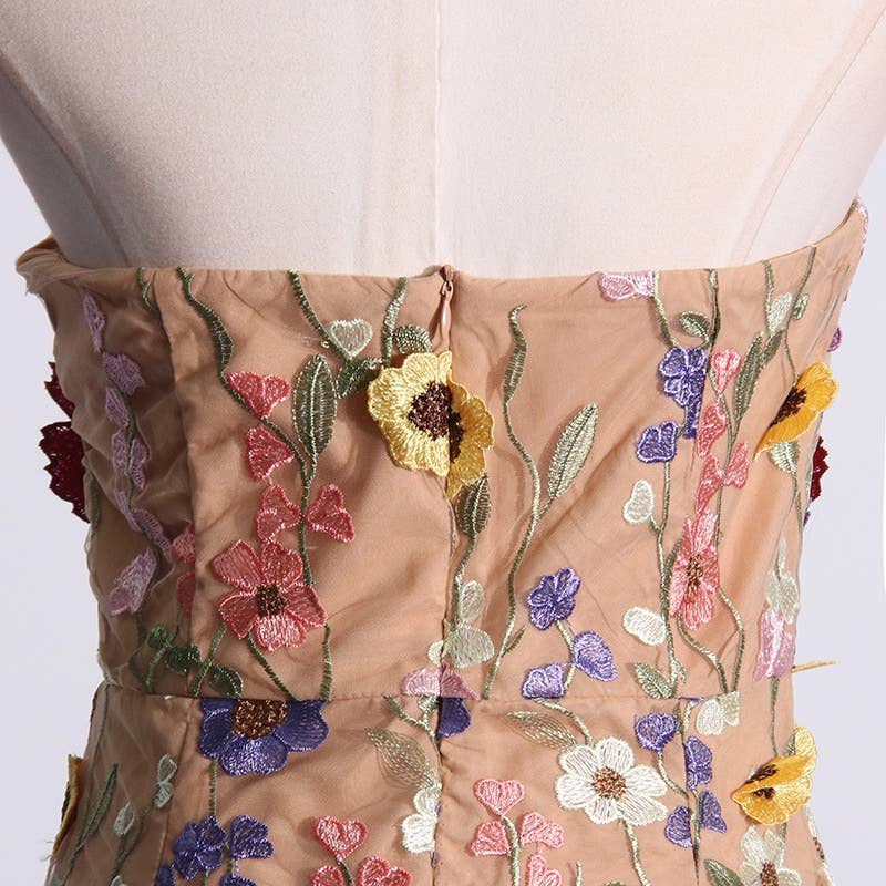 Productseeker - DR0122 3D Floral Embroidered Slim Strapless Midi Dress: Multi-Colored / English / M