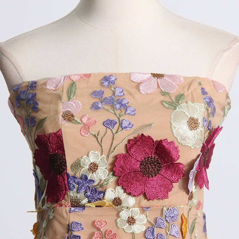 Productseeker - DR0122 3D Floral Embroidered Slim Strapless Midi Dress: Multi-Colored / English / M