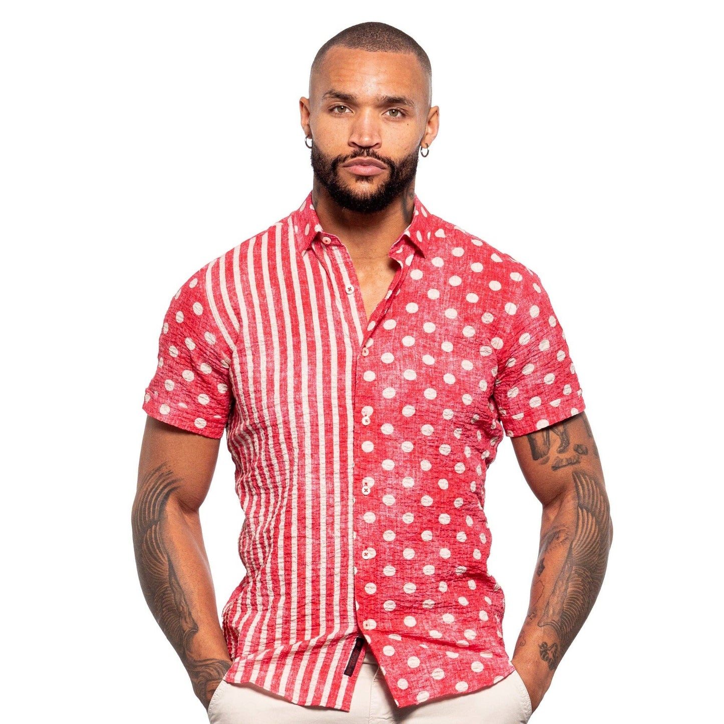 EIGHT X - Two Ways Seersucker Short Sleeve Shirt - Red: 2XL / RED
