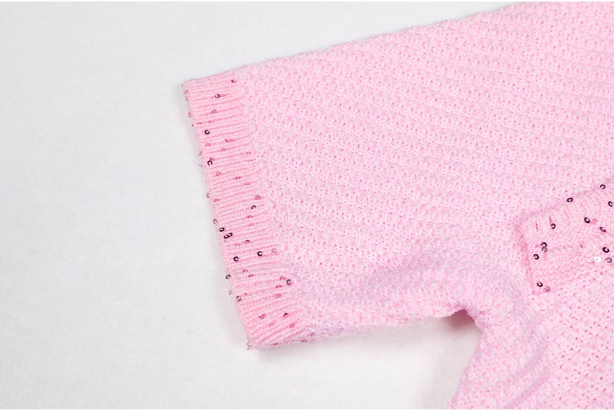 Productseeker - DR380Y Pink Knitted Beaded Short-Sleeved Dress for Women: Pink / English / M
