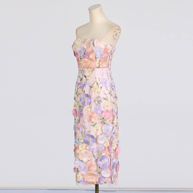 Productseeker - DR0122 3D Floral Embroidered Slim Strapless Midi Dress: Multi-Colored / English / M