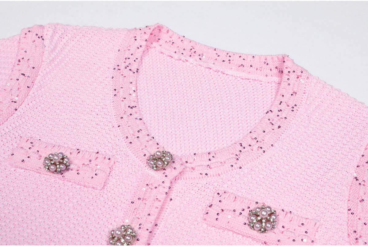 Productseeker - DR380Y Pink Knitted Beaded Short-Sleeved Dress for Women: Pink / English / M