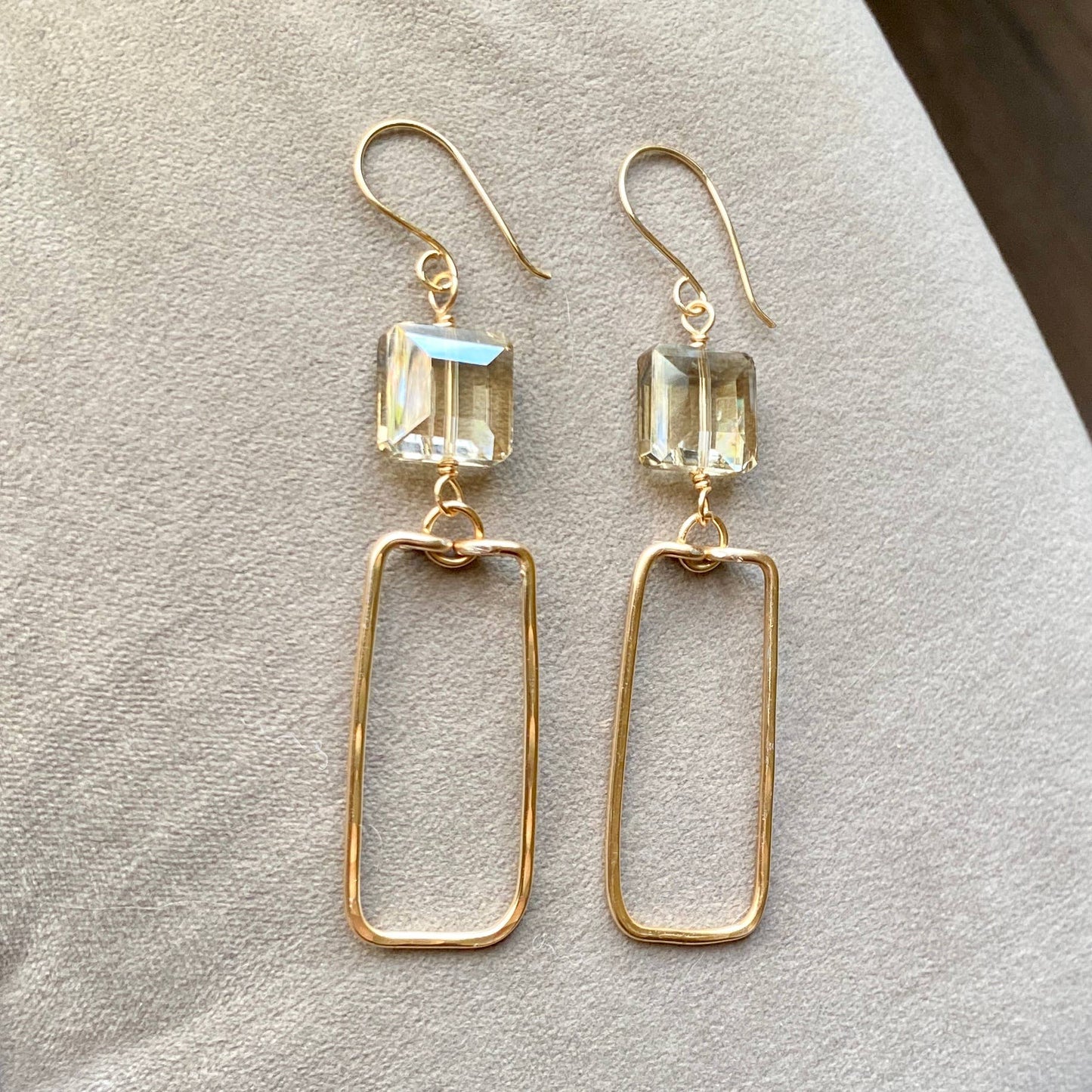 Marble Designs Jewelry - Gold Hammered Rectangle and Square Crystal Earrings: Green