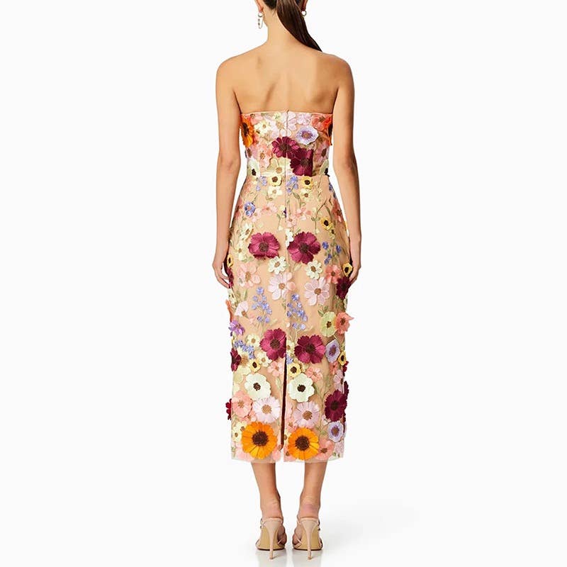 Productseeker - DR0122 3D Floral Embroidered Slim Strapless Midi Dress: Multi-Colored / English / M