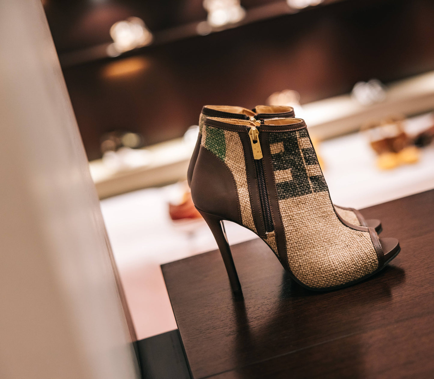 flowers & leaves - Coffee Burlap Peep Toe Ankle Boots: BROWN / 10