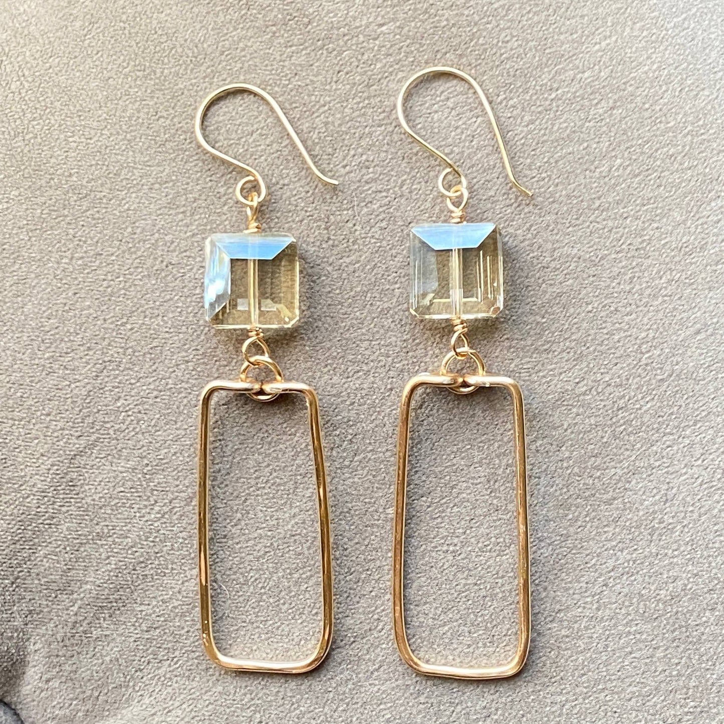 Marble Designs Jewelry - Gold Hammered Rectangle and Square Crystal Earrings: Green