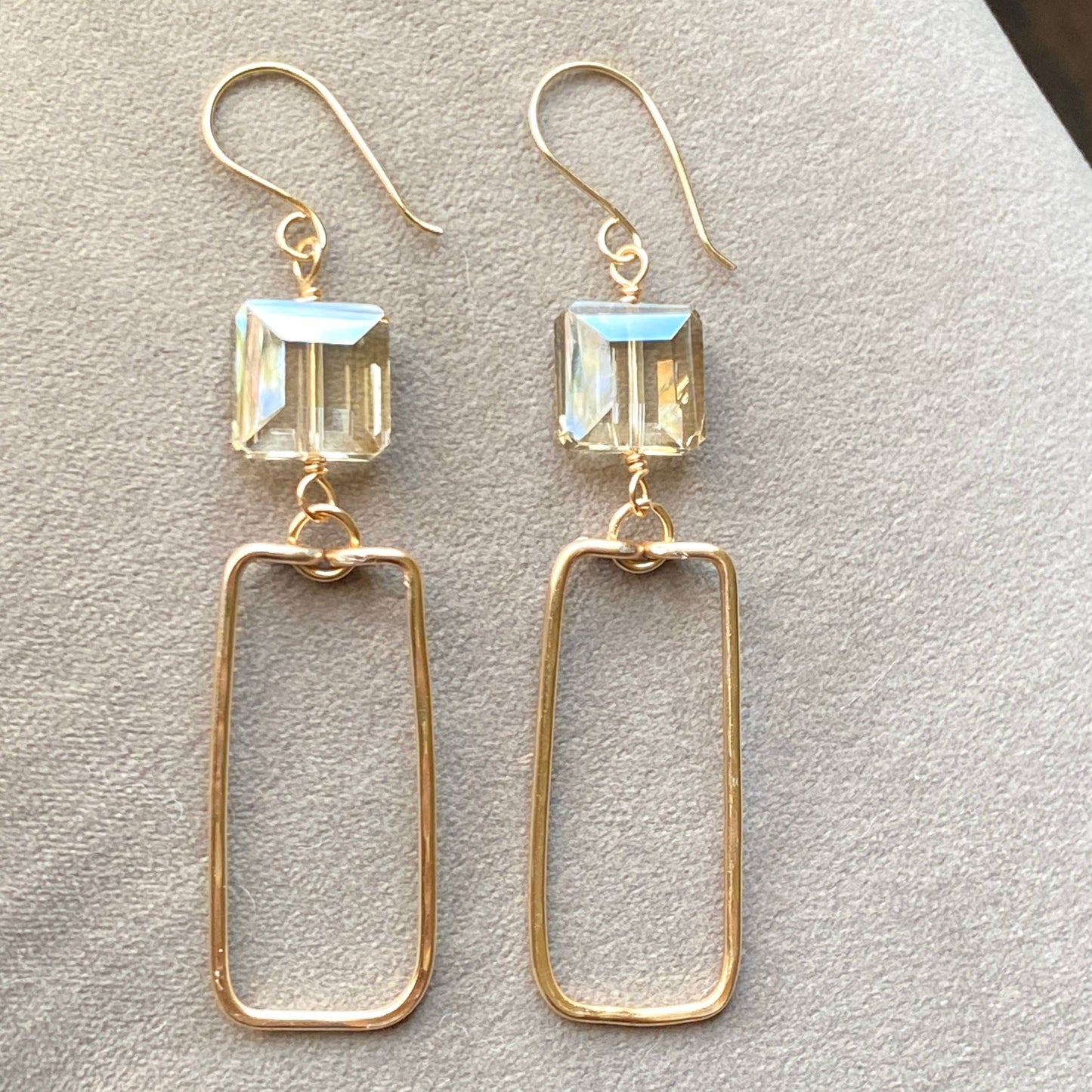 Marble Designs Jewelry - Gold Hammered Rectangle and Square Crystal Earrings: Green