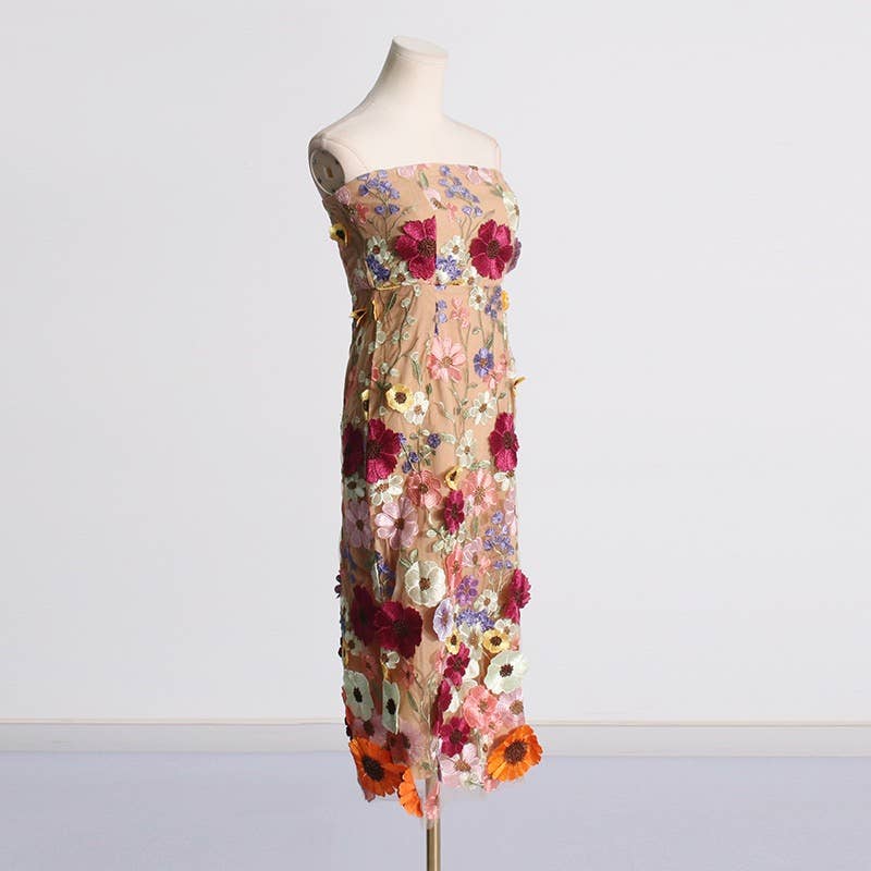 Productseeker - DR0122 3D Floral Embroidered Slim Strapless Midi Dress: Multi-Colored / English / M