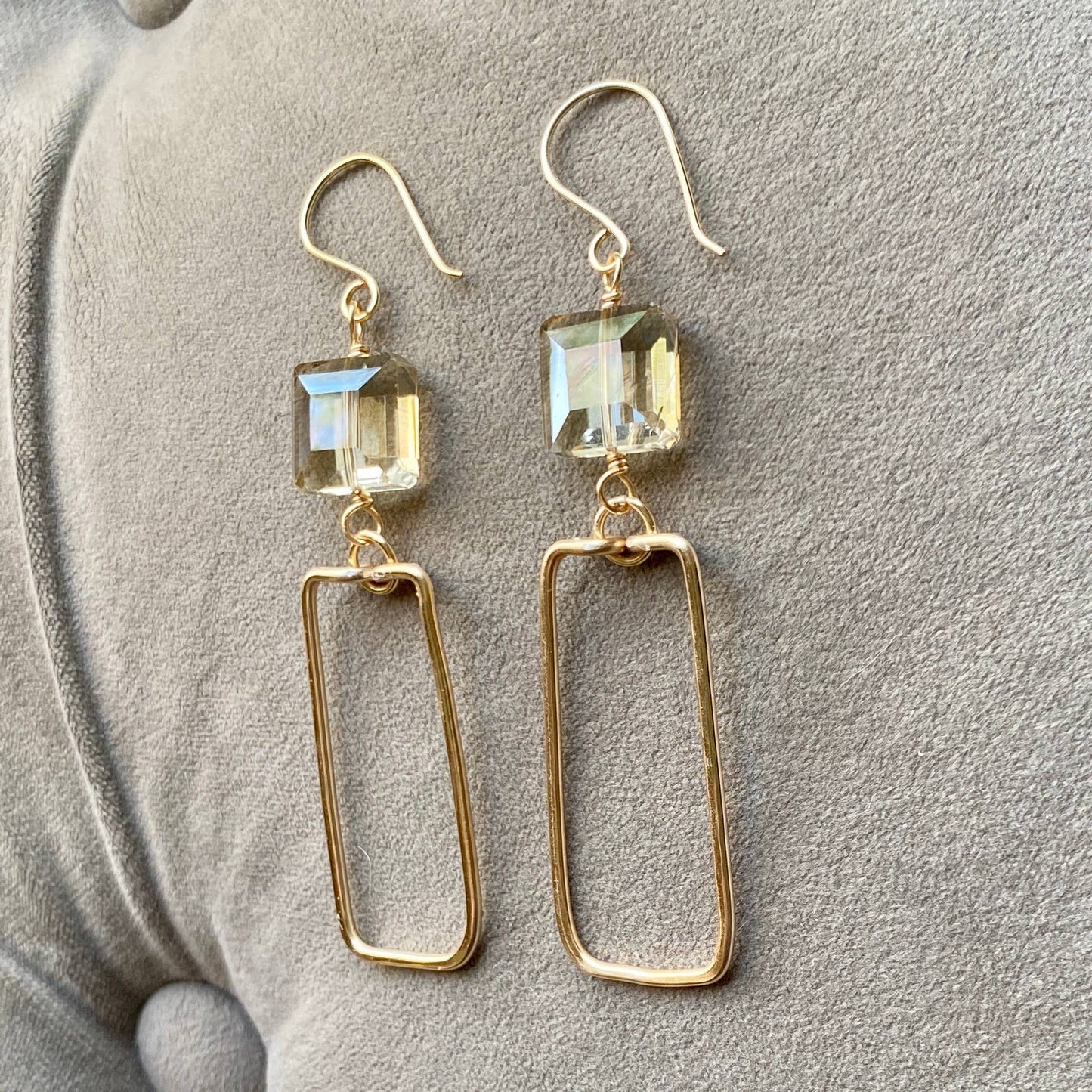 Marble Designs Jewelry - Gold Hammered Rectangle and Square Crystal Earrings: Green