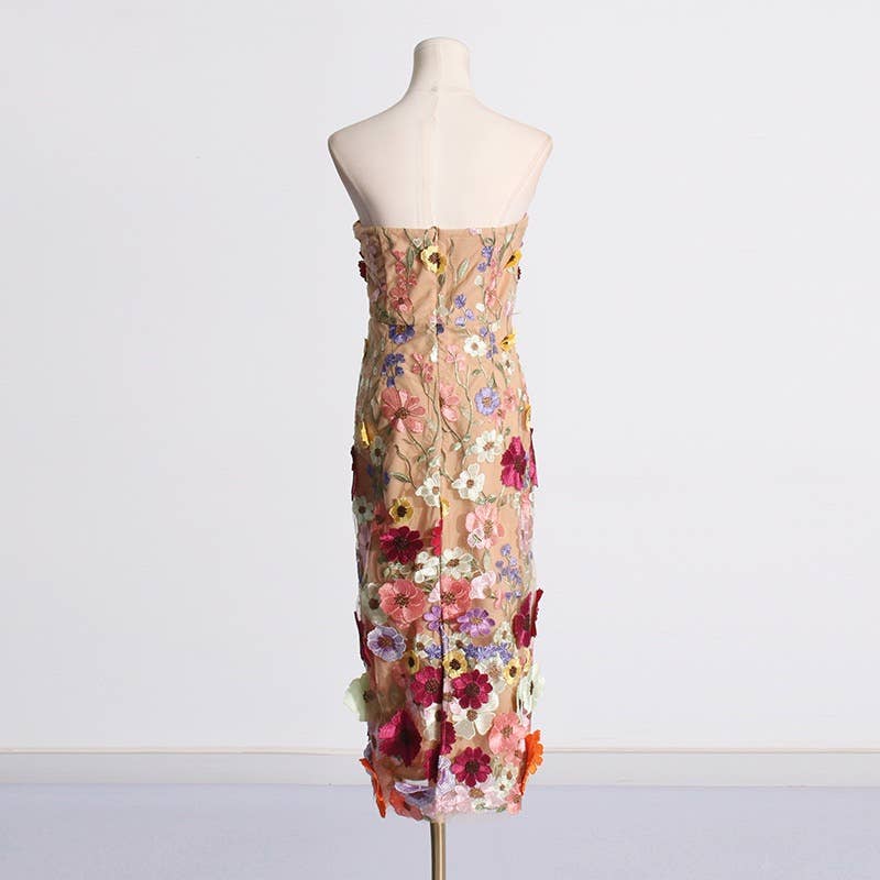 Productseeker - DR0122 Floral Embroidered Slim Tube Dress: Multi-Colored / English / M