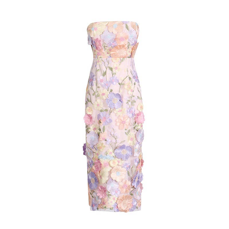 Productseeker - DR0122 3D Floral Embroidered Slim Strapless Midi Dress: Multi-Colored / English / M