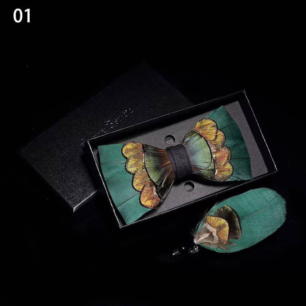 TYED BY DEDE - Handmade Green Feather Bow Tie W/free Lapel Pin Set
