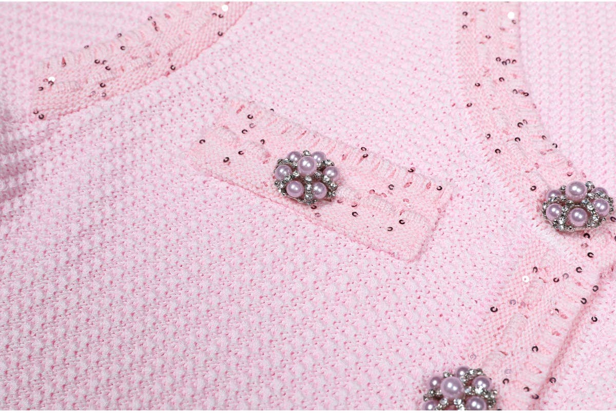 Productseeker - DR380Y Pink Knitted Beaded Short-Sleeved Dress for Women: Pink / English / M