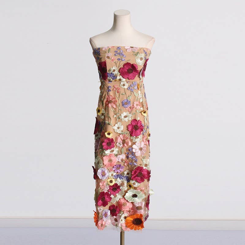 Productseeker - DR0122 3D Floral Embroidered Slim Strapless Midi Dress: Multi-Colored / English / M