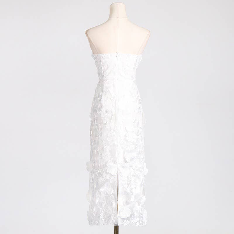 Productseeker - DR0122 3D Floral Embroidered Slim Strapless Midi Dress: Multi-Colored / English / M