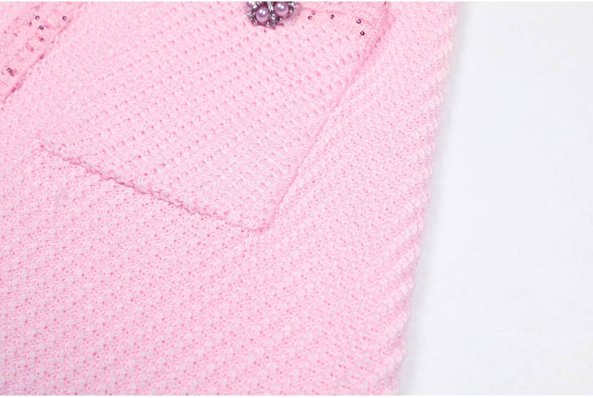 Productseeker - DR380Y Pink Knitted Beaded Short-Sleeved Dress for Women: Pink / English / M