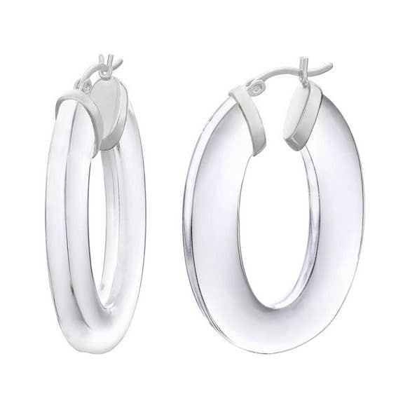 Gold & Honey - 1.5" Clear Flat Oval Hoop Earring in Silver