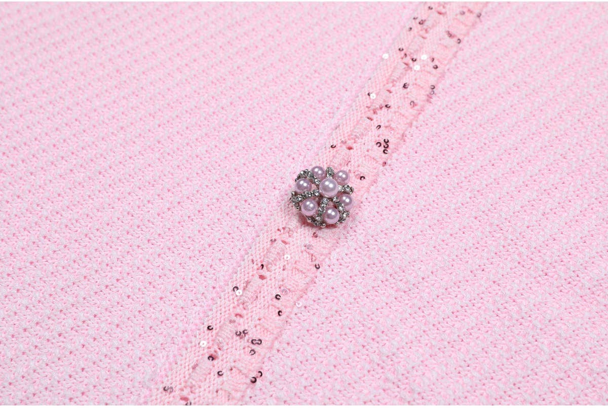 Productseeker - DR380Y Pink Knitted Beaded Short-Sleeved Dress for Women: Pink / English / M