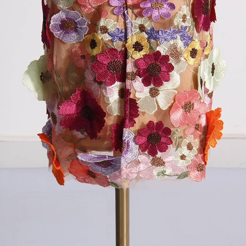 Productseeker - DR0122 3D Floral Embroidered Slim Strapless Midi Dress: Multi-Colored / English / M