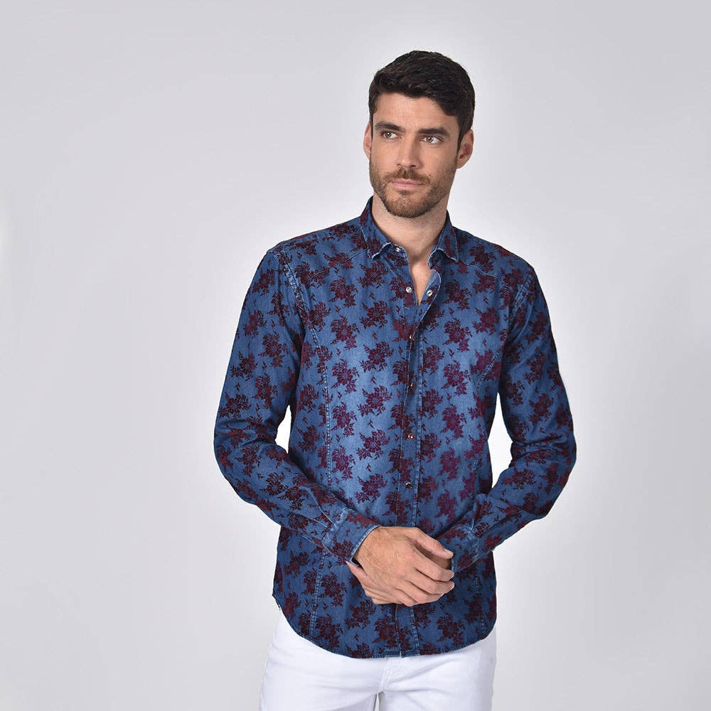 EIGHT X - Denim Shirt with Burgundy Flocking Bouquet: SMALL