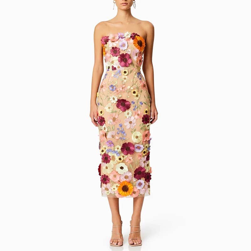 Productseeker - DR0122 3D Floral Embroidered Slim Strapless Midi Dress: Multi-Colored / English / M