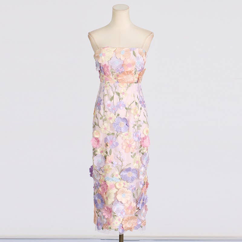Productseeker - DR0122 3D Floral Embroidered Slim Strapless Midi Dress: Multi-Colored / English / M