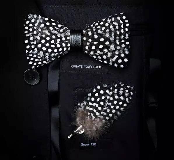 TYED BY DEDE - Hand Made Natural Bird Feather Polka Dot Exquisite Bow Tie W/free Brooch Pin Set