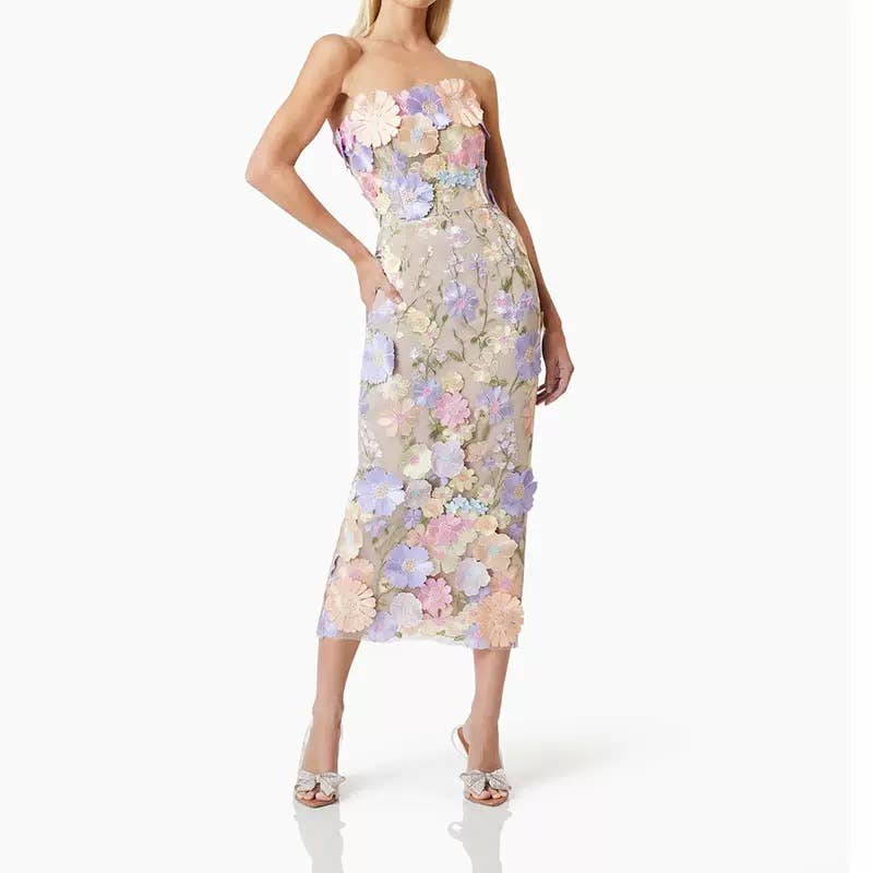 Productseeker - DR0122 3D Floral Embroidered Slim Strapless Midi Dress: Multi-Colored / English / M