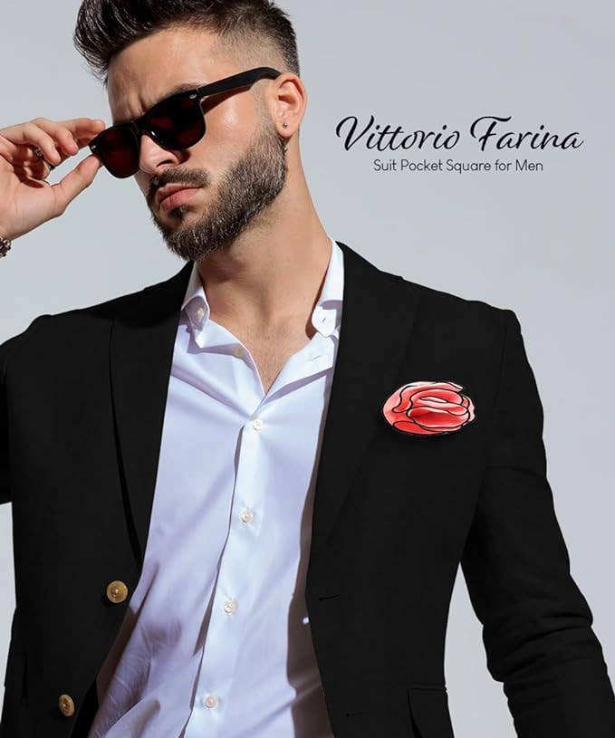 Dubal Brothers - Vittorio Farina Round Satin Pocket Square with Embroidered Piping: Black and White