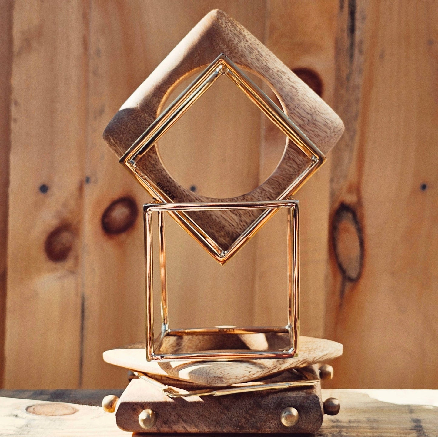 Bisjoux - Brass bold cube square bangle bracelet 2 sizes: Small