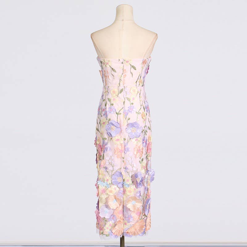 Productseeker - DR0122 3D Floral Embroidered Slim Strapless Midi Dress: Multi-Colored / English / M