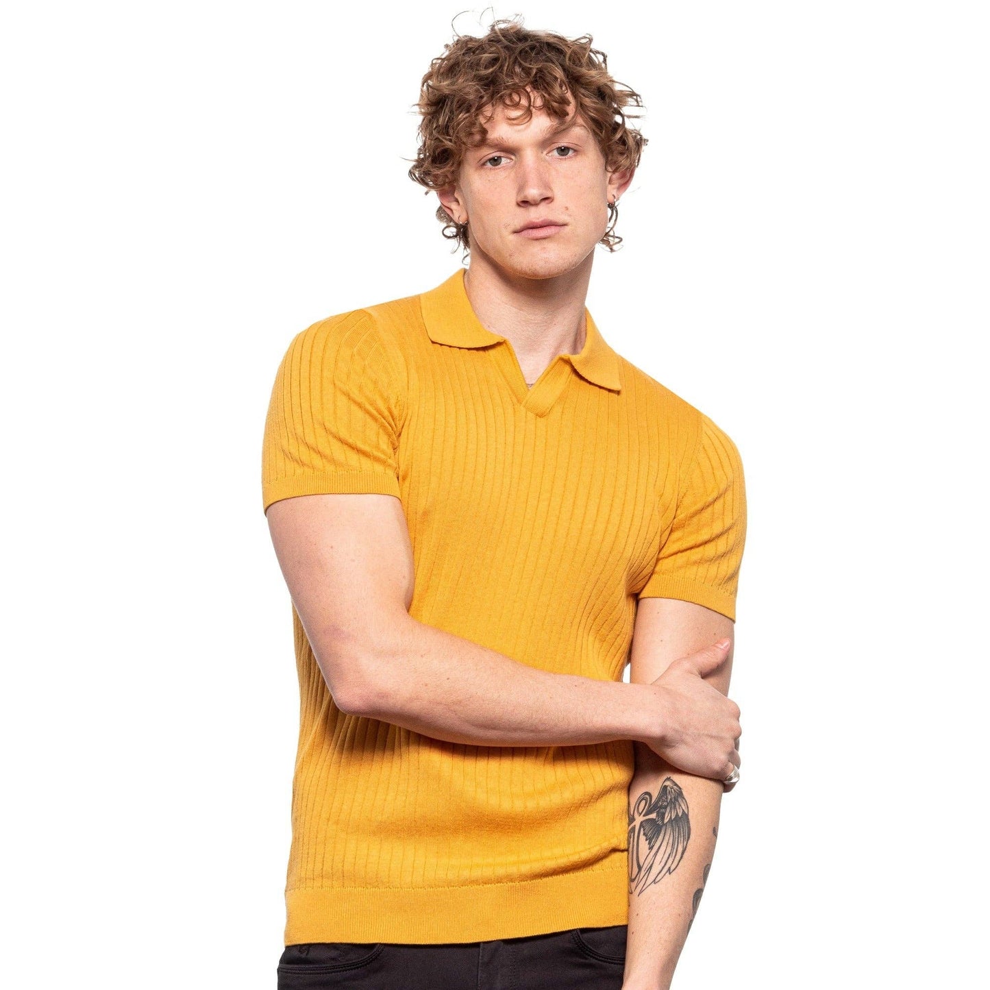 EIGHT X - Ribbed Knit Polo - Mustard: YELLOW / L