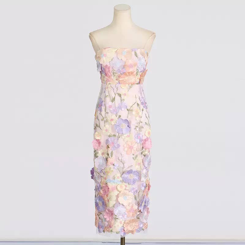 Productseeker - DR0122 Floral Embroidered Slim Tube Dress: Multi-Colored / English / M