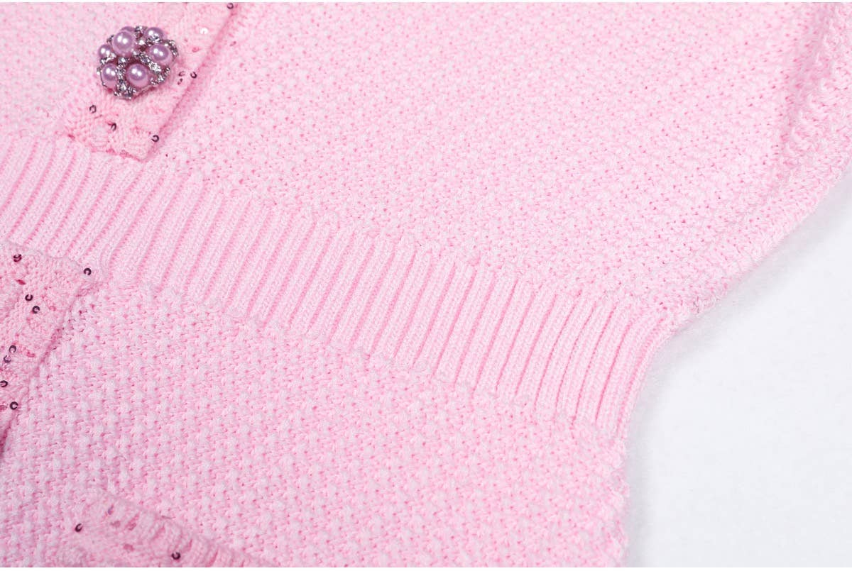 Productseeker - DR380Y Pink Knitted Beaded Short-Sleeved Dress for Women: Pink / English / M
