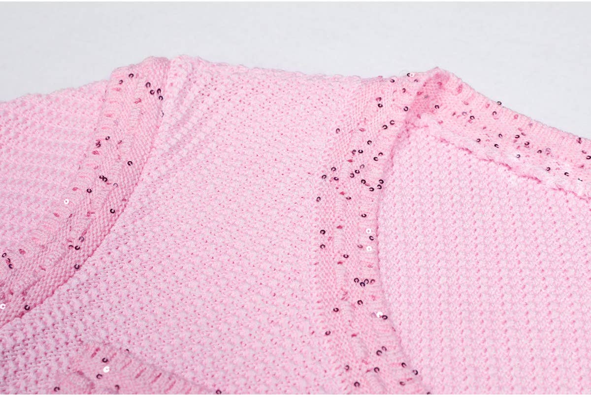 Productseeker - DR380Y Pink Knitted Beaded Short-Sleeved Dress for Women: Pink / English / M