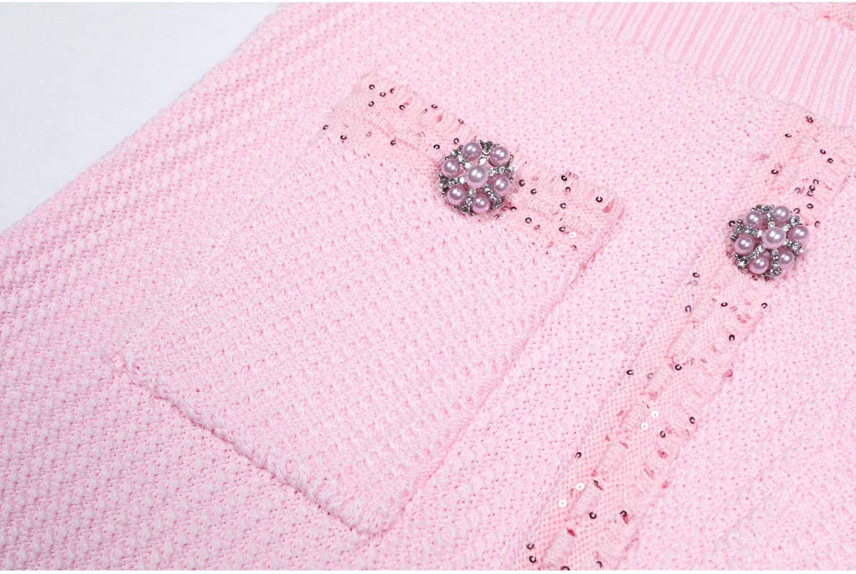 Productseeker - DR380Y Pink Knitted Beaded Short-Sleeved Dress for Women: Pink / English / M