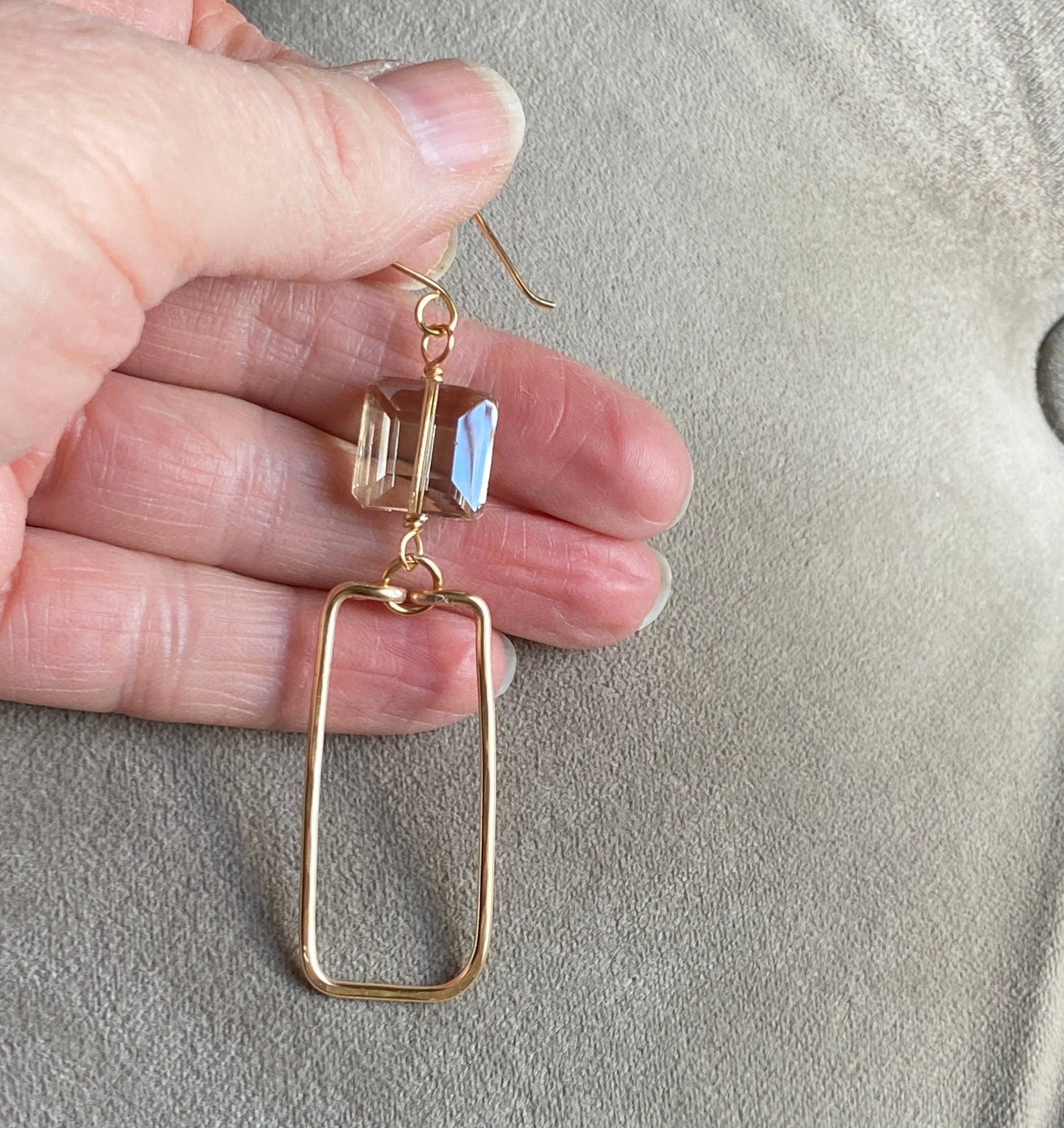 Marble Designs Jewelry - Gold Hammered Rectangle and Square Crystal Earrings: Green