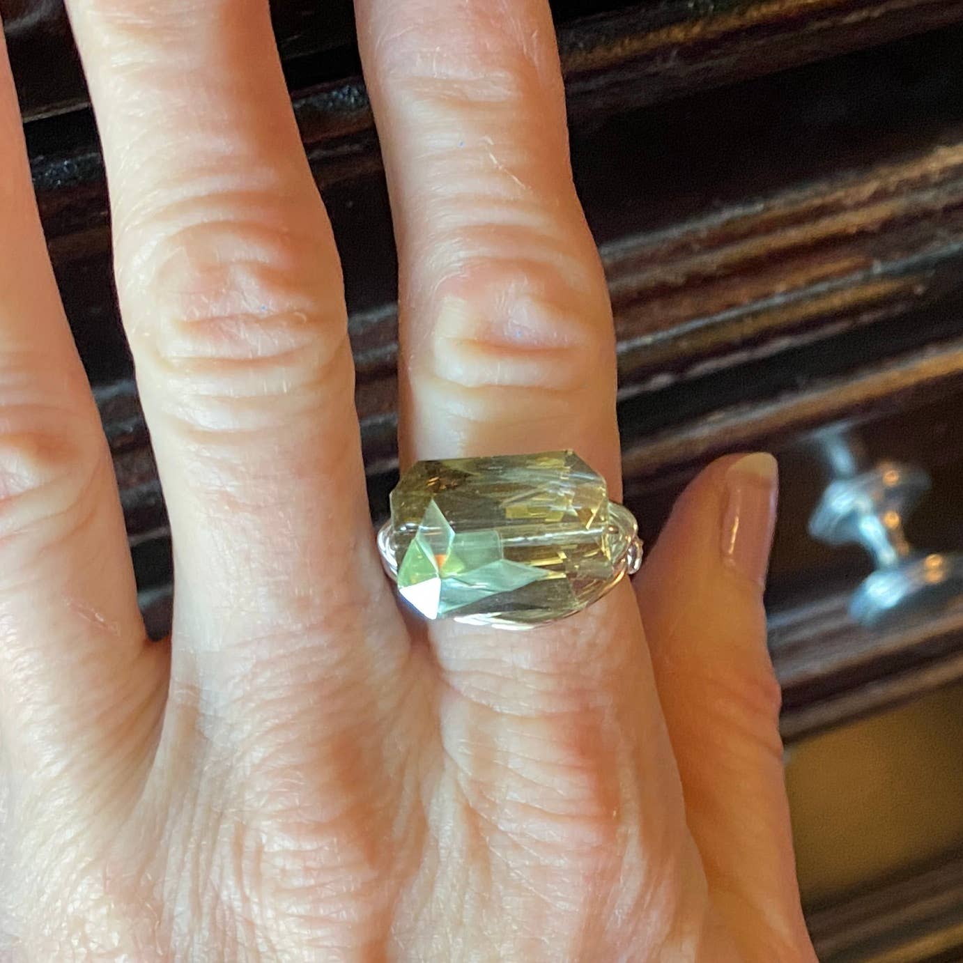 Marble Designs Jewelry - Green Rectangle Crystal Gold Wire Wrapped Ring Statement: Green / Gold Metal / 6