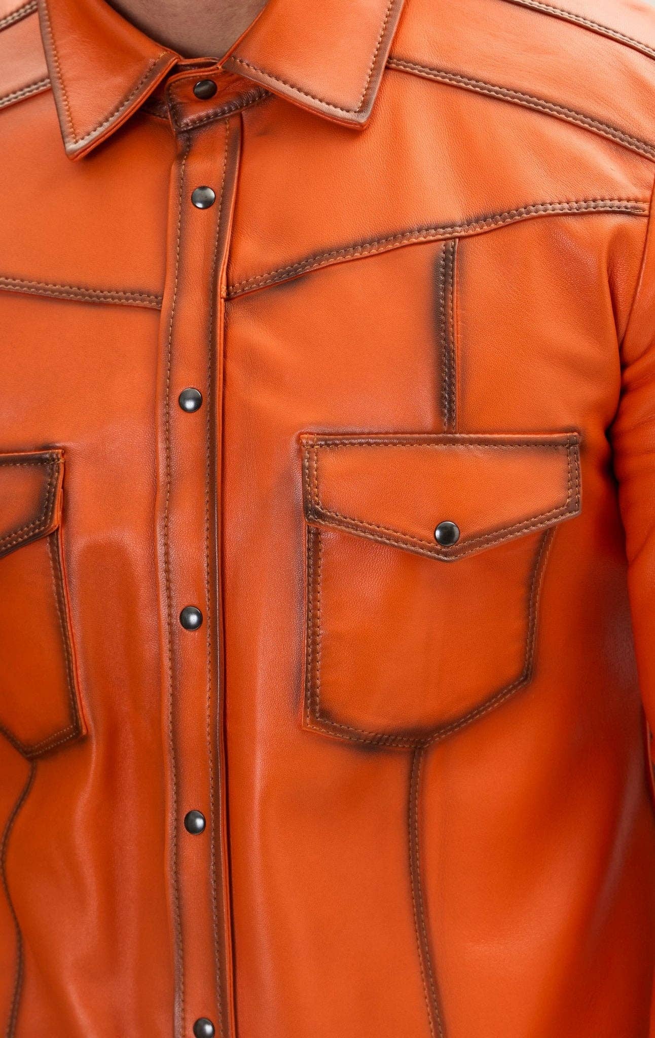 Ron Tomson - Men's Genuine Lambskin Leather Shirt - Orange Tint: ORANGE TINT / 3XL (46 US)