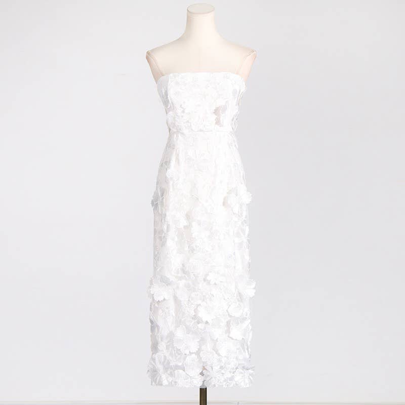 Productseeker - DR0122 3D Floral Embroidered Slim Strapless Midi Dress: Multi-Colored / English / L