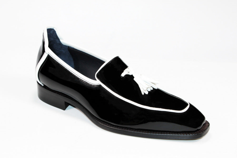 Duca Shoe Black Patent Loafer w White Tassel & trim