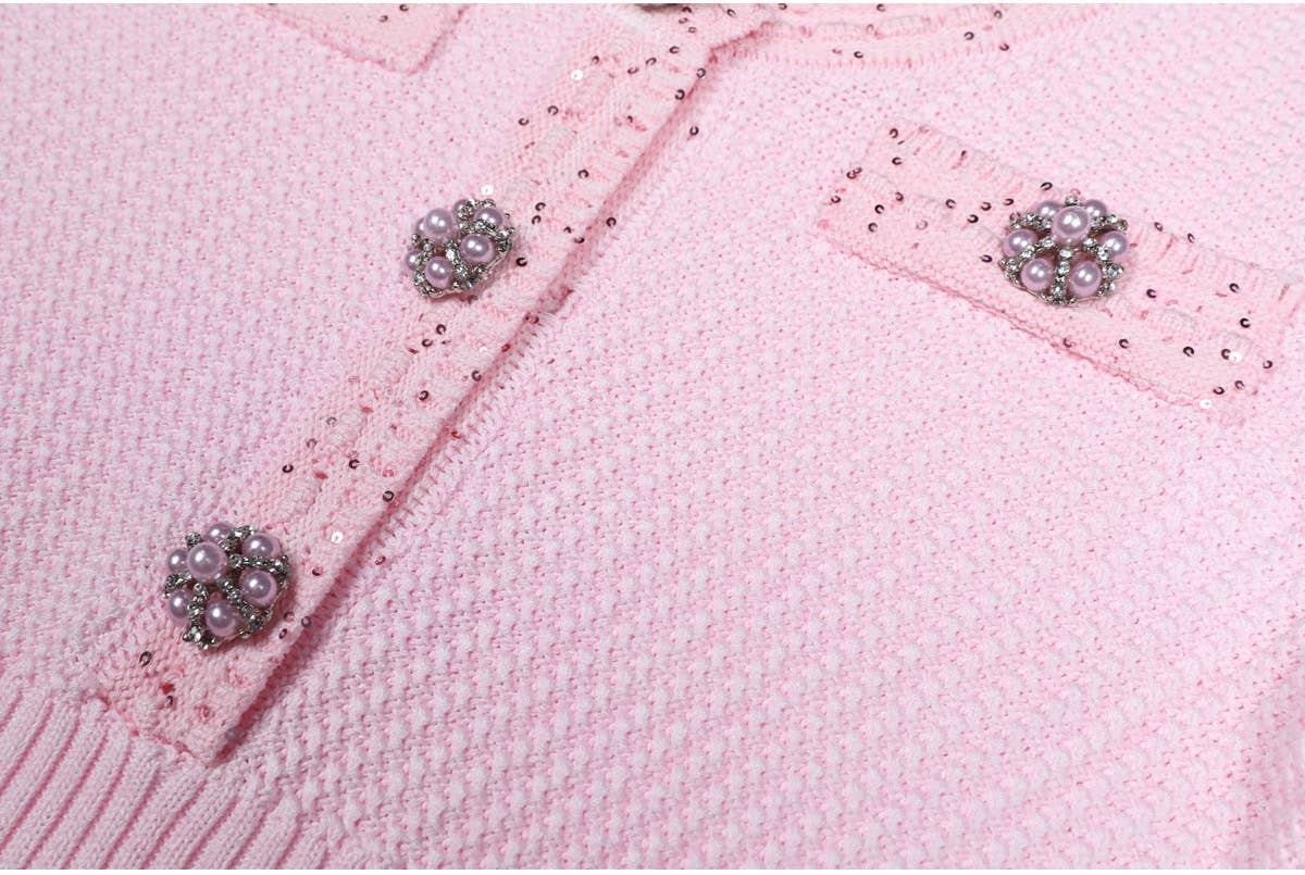 Productseeker - DR380Y Pink Knitted Beaded Short-Sleeved Dress for Women: Pink / English / M