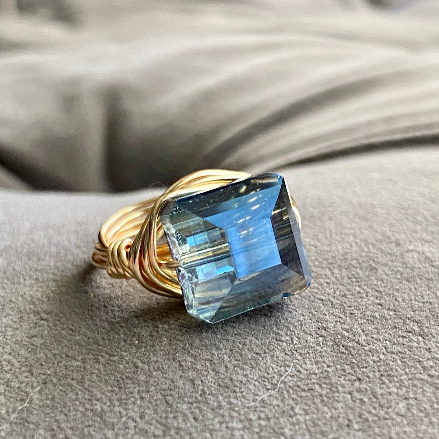 Marble Designs Jewelry - Blue Square Crystal Gold Wire Wrapped Ring StatementCocktail: Blue / Gold / 7