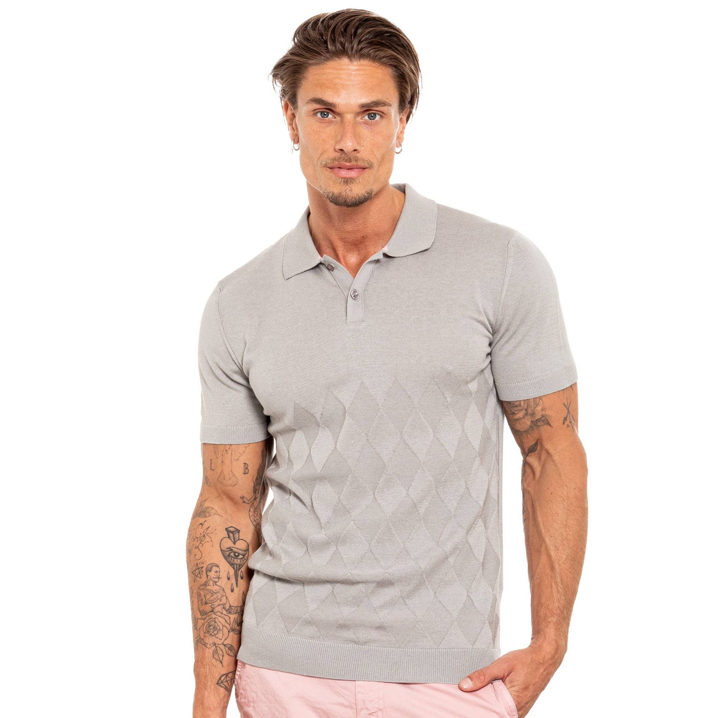 EIGHT X - Argyle Knit Polo - Grey: GREY / L