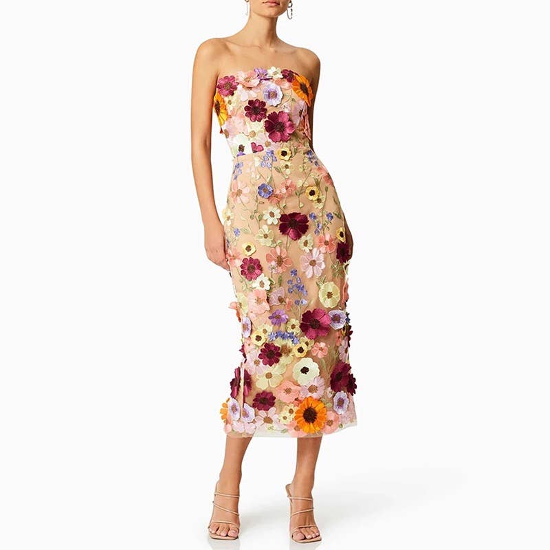 Productseeker - DR0122 3D Floral Embroidered Slim Strapless Midi Dress: Multi-Colored / English / M