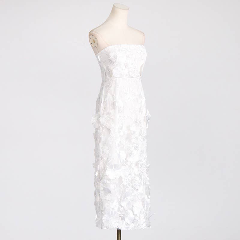 Productseeker - DR0122 3D Floral Embroidered Slim Strapless Midi Dress: Multi-Colored / English / M