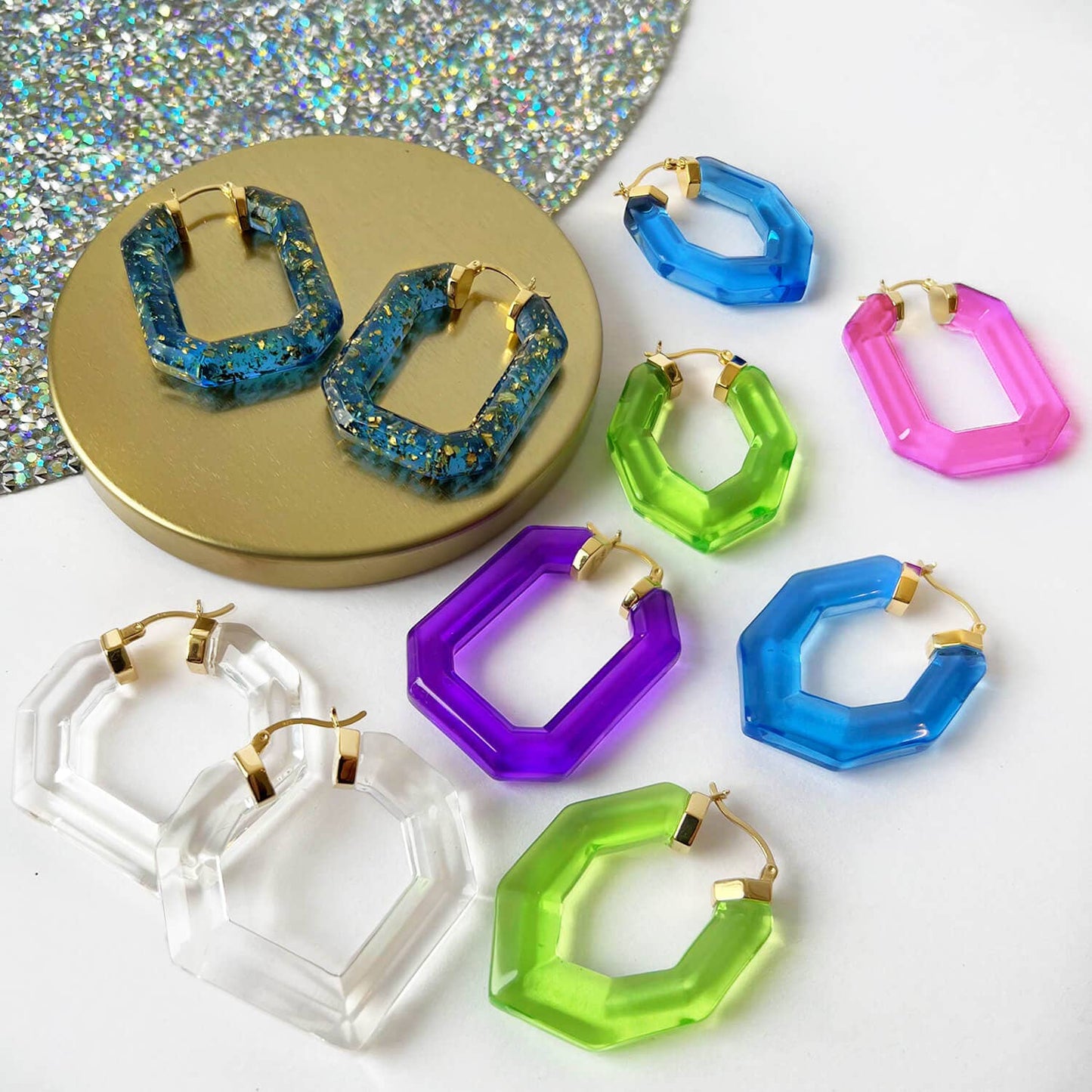 Gold & Honey - 1.5" Emerald Gem Hoop in Clear