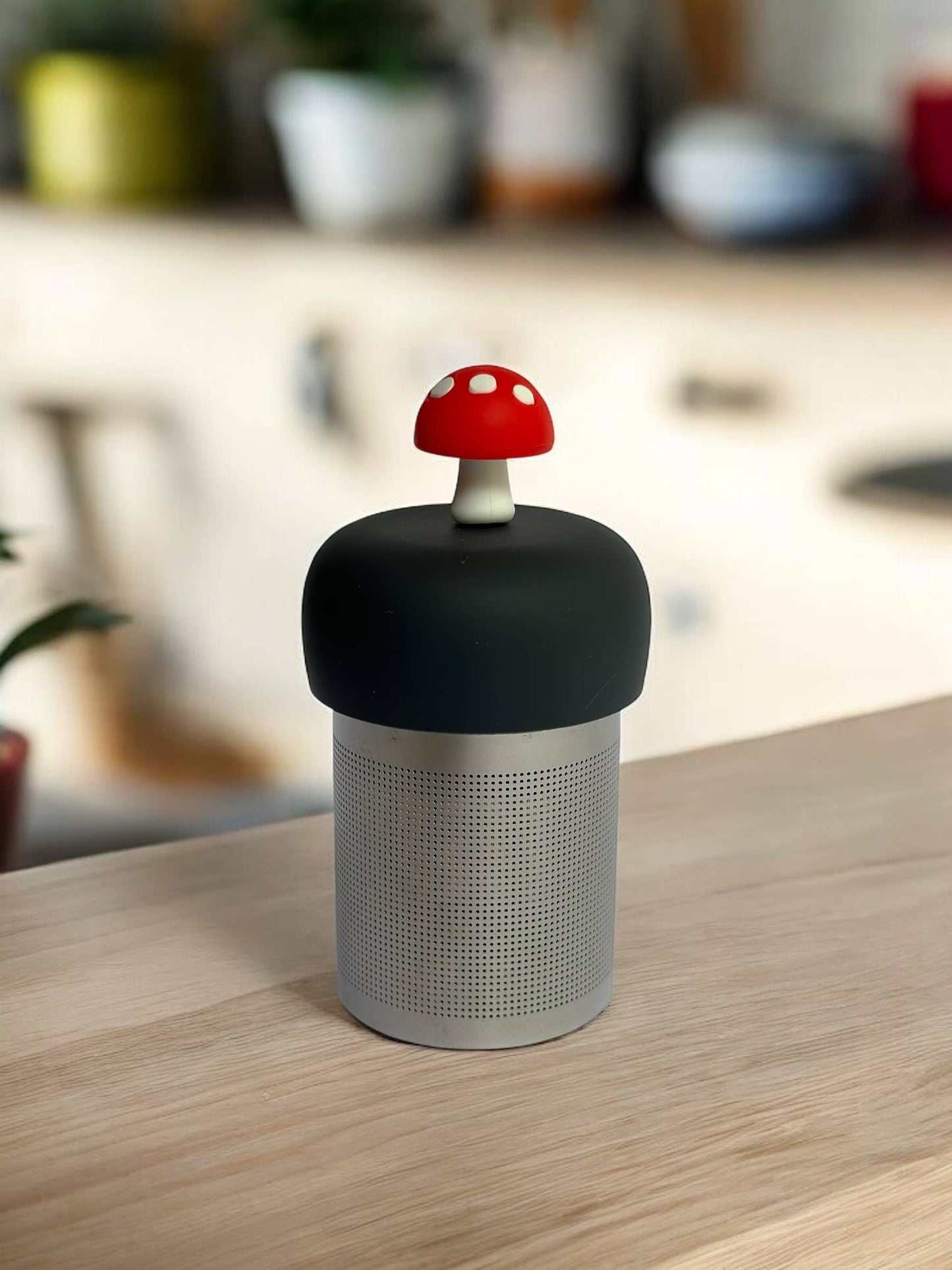 Teany Tiny Kitchen Tea Infuser - Mushroom | Floating Tea Steeper | Grey Base | Red: Charcoal Grey / Candy Apple Red Mushroom