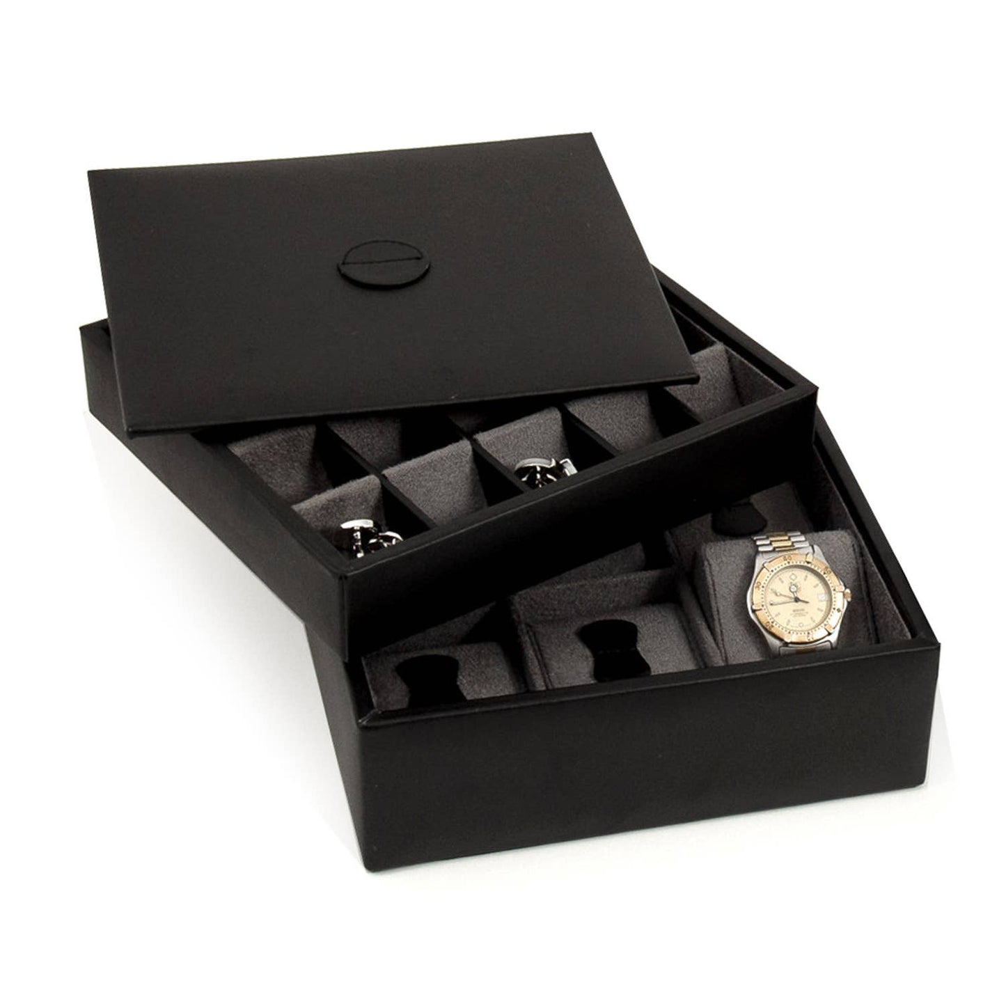 BeyBerk International - Black Leather Stacked Valet for 6 Watches and 20 Cufflinks: Black