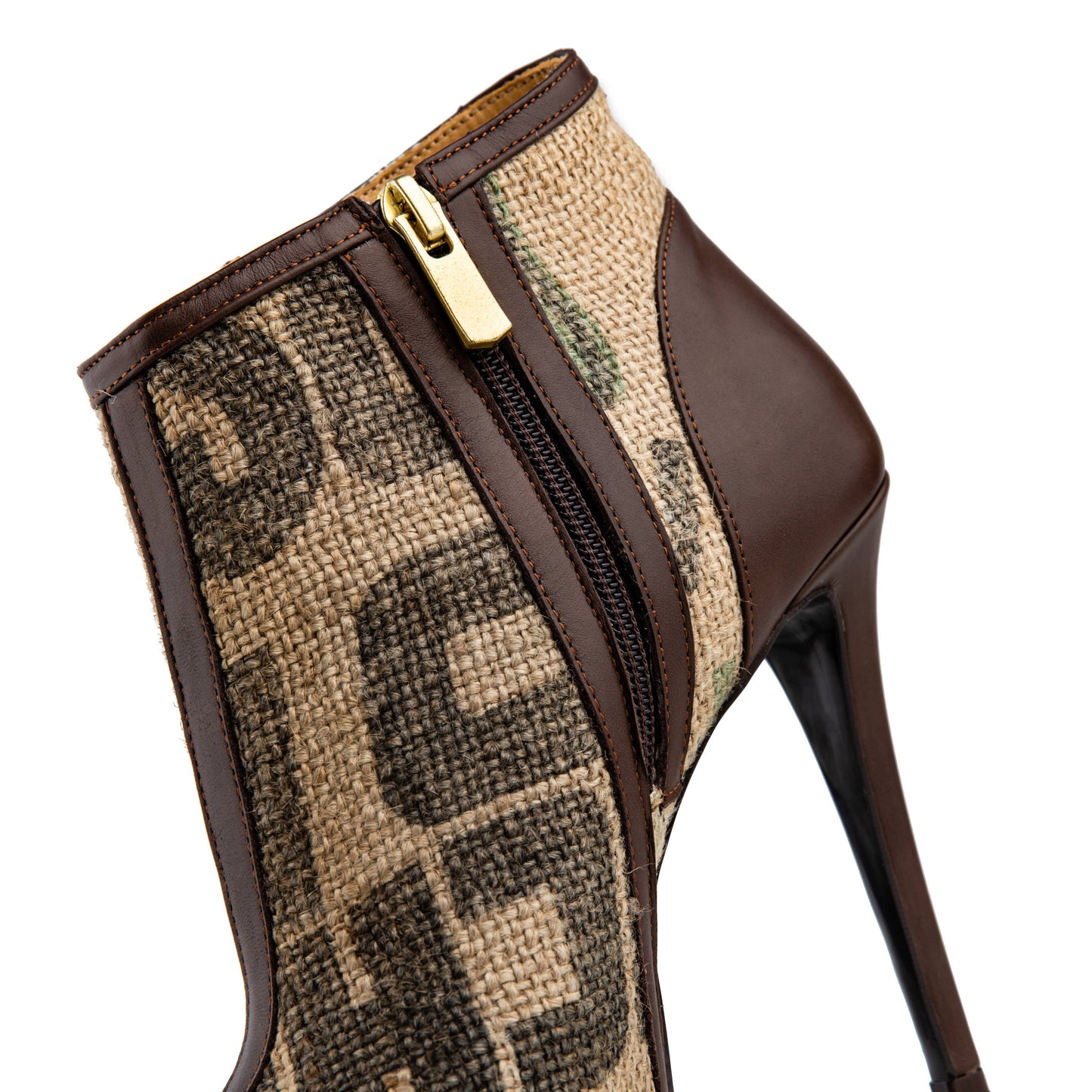 flowers & leaves - Coffee Burlap Peep Toe Ankle Boots: BROWN / 10